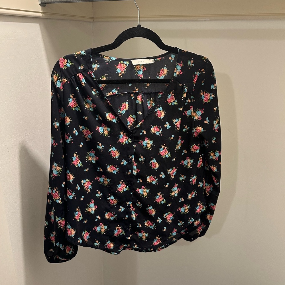 Lush Floral Long Sleeve Blouse Small V Neck